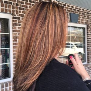 Brown hair with red and blonde highlights