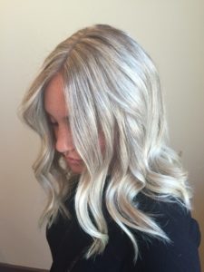 Blonde hair with grey and platinum highlights