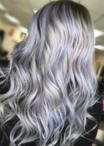 Purple hair with grey and platinum highlights